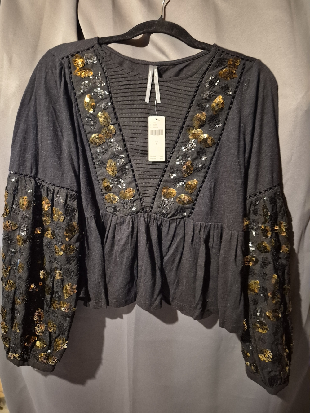 Anthropology Nwt Embroidered Sequin Peasant Top - Charcoal with Gold Accents